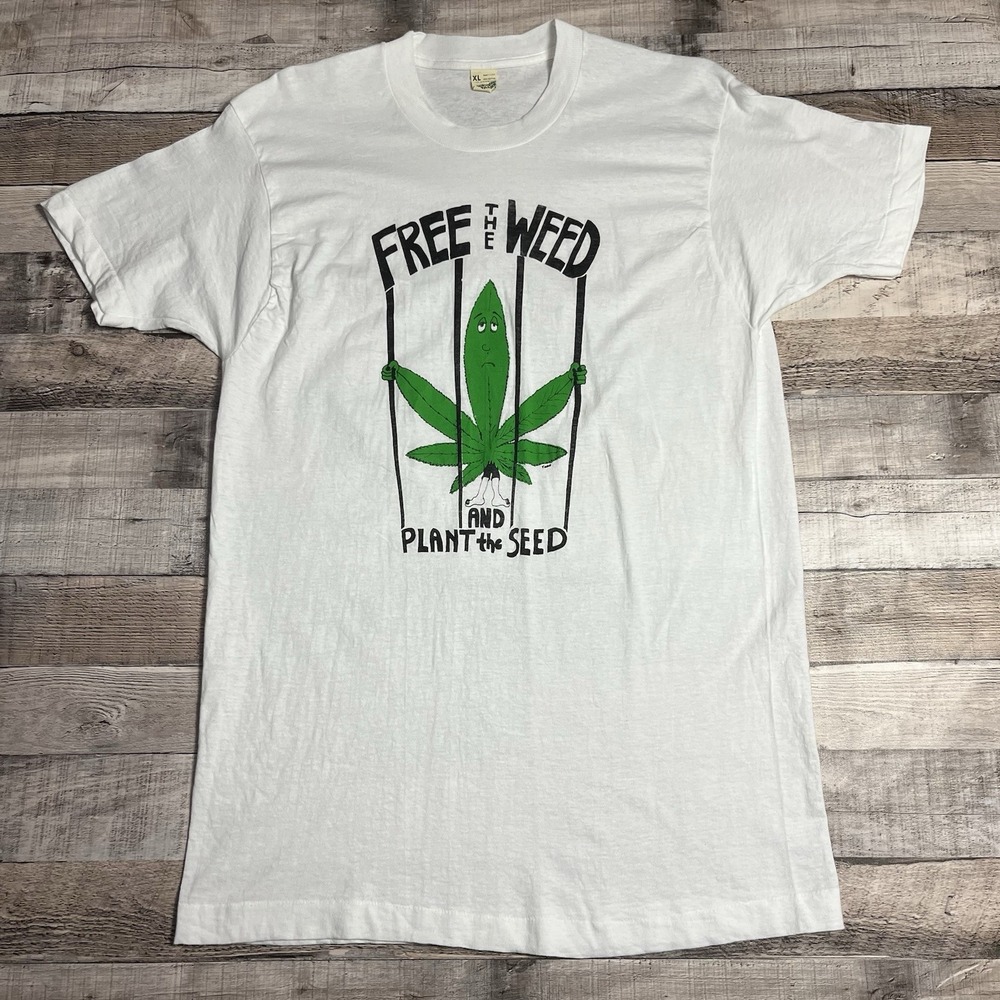 Cannabis Shirt Size XL White Vintage 80s Free The Weed Plant The Seed Jail Bars